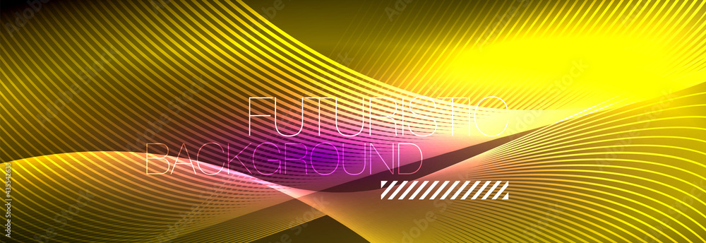 Abstract neon glowing light in the dark with waves. Shiny magic energy and motion concept, vector abstract wallpaper background Abstract neon glowing light in the dark with waves. Shiny magic energy and motion concept, vector abstract wallpaper background