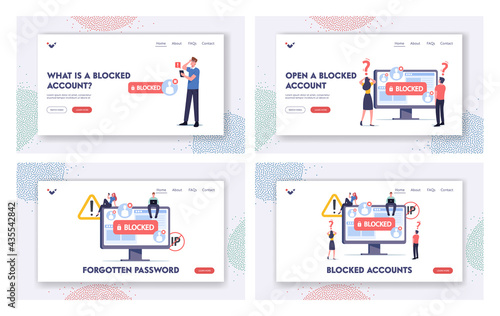 Blocked Account Landing Page Template Set. Tiny Characters at Huge Computer Monitor. Blocking Page, Hacker Cyber Attack