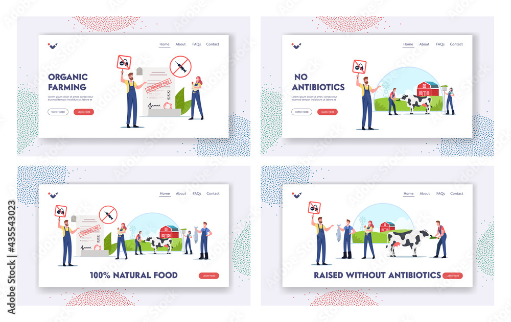 Natural Food Landing Page Template Set. Characters Sign Petition for Sustainable Organic Agriculture, Farming, Husbandry