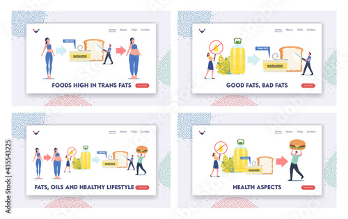 Fats, Oils, Unhealthy Eating Landing Page Template Set. Tiny Characters Eating Trans Margarine, Fastfood, Rapeseed Oil