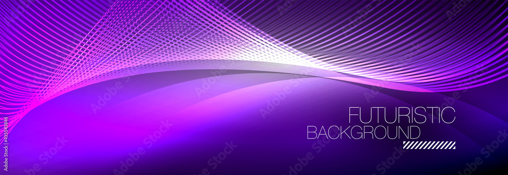 Abstract neon glowing light in the dark with waves. Shiny magic energy and motion concept, vector abstract wallpaper background Abstract neon glowing light in the dark with waves. Shiny magic energy and motion concept, vector abstract wallpaper background
