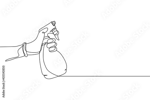 Continuous one line of gloved hand holds a bottle of antiseptic spray antibacterial liquid in silhouette. Linear stylized.Minimalist.