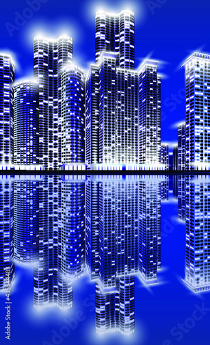 Night city with illuminated lights. Abstract vector illustration of multi-storey buildings on the background of the night sky with illumination and reflection in the mirror water.