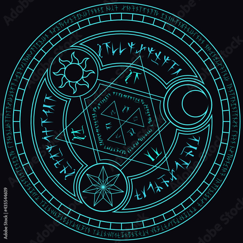 Fényképezés light blue magic incantation circle with fantasy alphabets spell (named Fotonth)