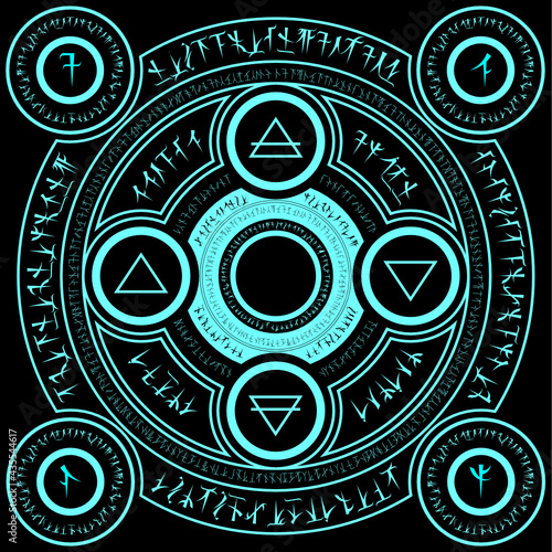 light blue magic incantation circle with fantasy alphabets spell (named Fotonth) and four elemental alchemist symbol (earth water wind fire) on black background