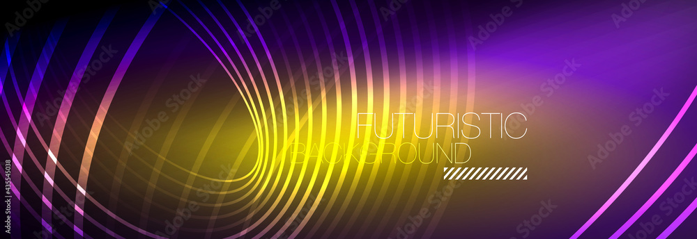 Dark abstract background with glowing neon circles. Trendy layout template for business or technology presentation, internet poster or web brochure cover, wallpaper