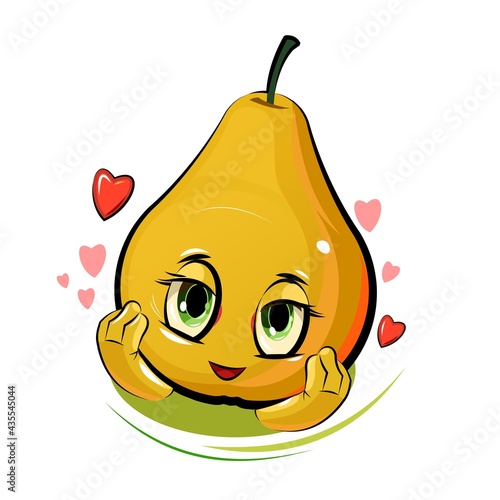 Pear cheerful smile. Juicy red   fruit with a muzzle. Cartoon style. Isolated over white background. Vector illustration.