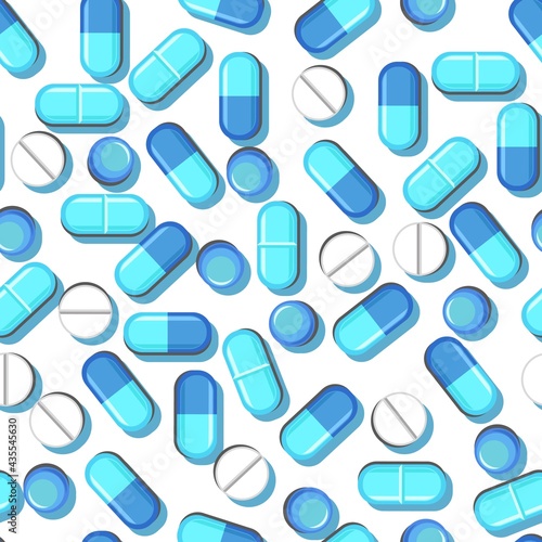 Medicines seamless pattern. Illustration with pills. Concurrency. Medicinal drugs. Pharmaceuticals. Ambulance. Pharmacy. Flat design. Vector