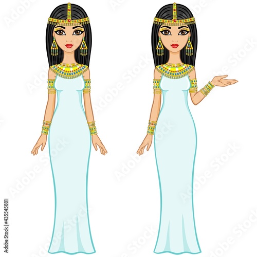 Animation Egyptian princesses in different poses. Full growth. Isolated on a white background.