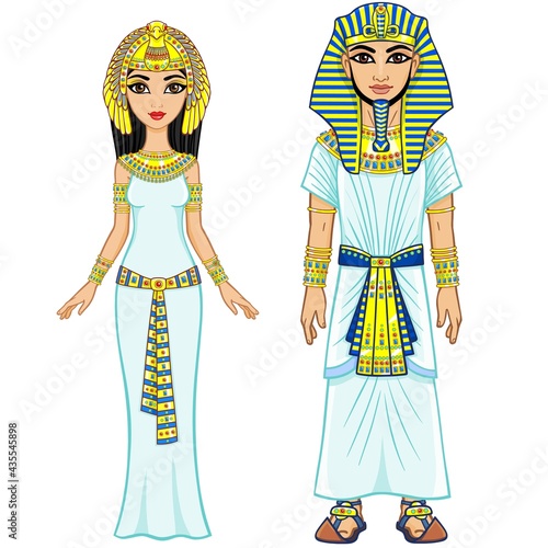 Animation Egyptian imperial family in ancient clothes. Full growth. Isolated on a white background.