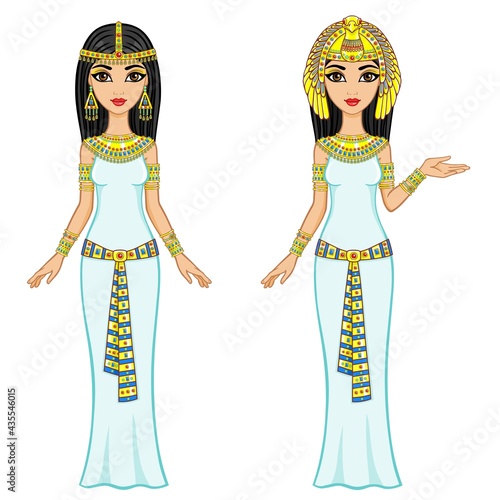 Animation Egyptian princesses in different poses. Full growth. The vector illustration isolated on a white background.