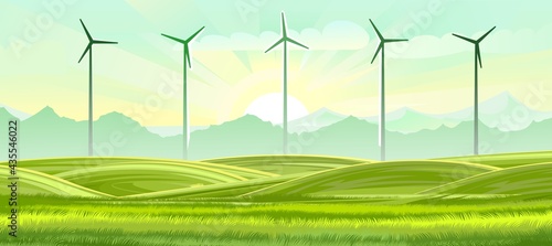 Wind turbines with blades. Electricity generator. Background picture. Innovation. A source of sustainable renewable energy. Landscape with mountains, rural meadows, hills and fields. Vector