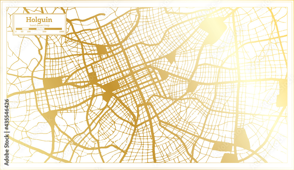 Holguin Cuba City Map in Retro Style in Golden Color. Outline Map.
