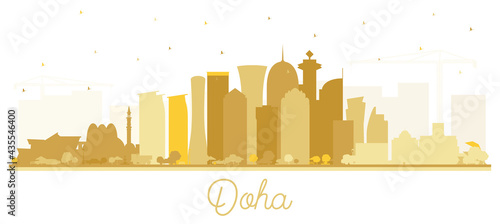 Doha Qatar City Skyline Silhouette with Golden Buildings Isolated on White.