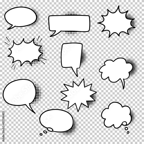 Hand drawn set of speech bubbles isolated with black halftone shadows on transparent background. Doodle set element. Vector illustration.