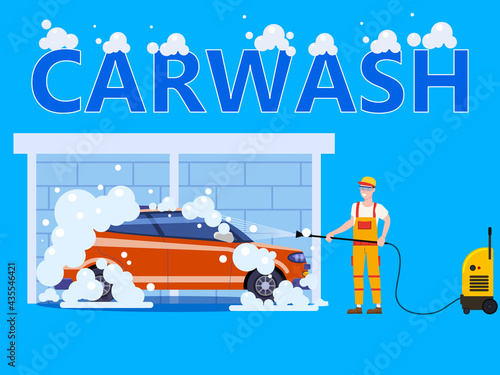 Car Wash center station. Auto Service man worker washing, clean car, foam bubbles. Vector illustration isolated