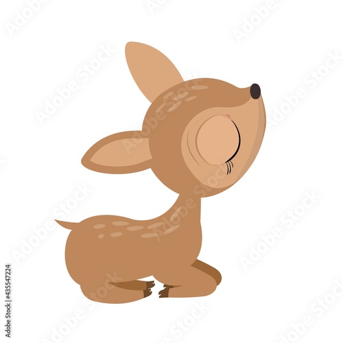 A little baby fawn without horns. Isolated object on a white background. Cheerful kind animal child. Cartoons flat style. Funny. Vector
