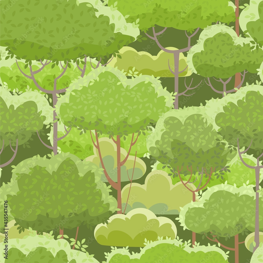 Rural summer beautiful landscape. Forest. Seamless pattern. Cartoon style. Trees and shrubs. Romantic beauty. Background. Flat design illustration. Vector art