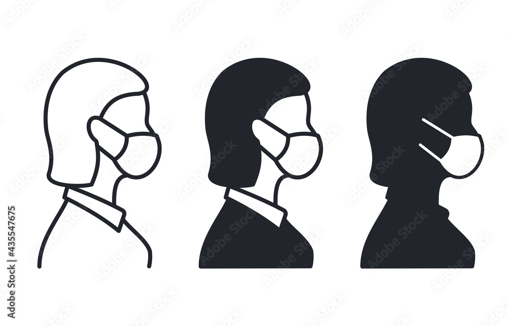 Woman profile face in medical mask icon on white background. Vector illustration.