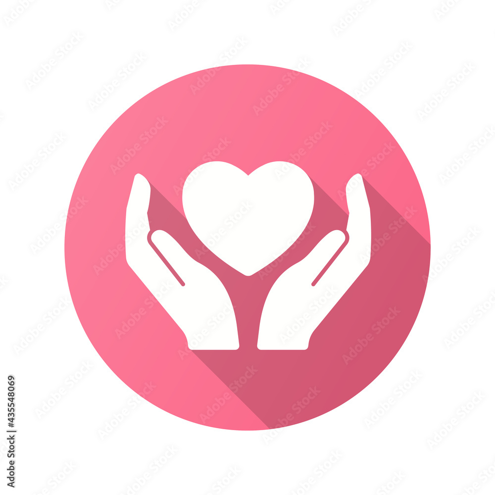 Heart in hands icon with long shadow for graphic and web design.