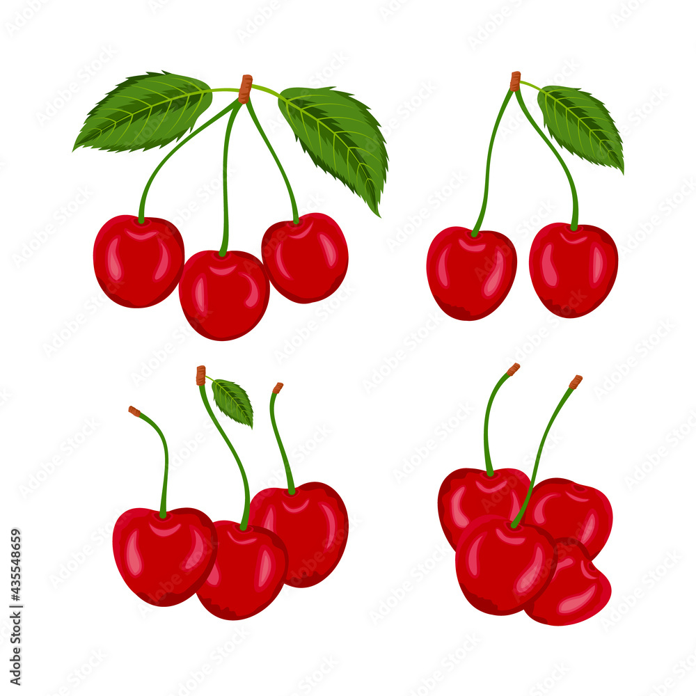 Set of red cherries with leaves, hand drawn cartoon flat cherry fruits vector illustration. Set of red cherries with leaves, hand drawn cartoon flat cherry fruits vector illustration.