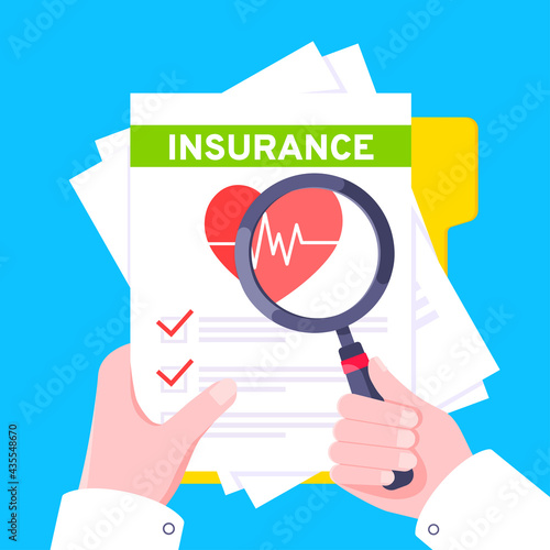 Hand hold medical insurance claim form with file paper sheets flat style design vector illustration. Concept of fill out or online survey healthcare insurance application form.