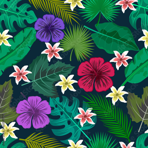 Seamless pattern nature background with tropical leaves and beautiful flowers vector illustration. 