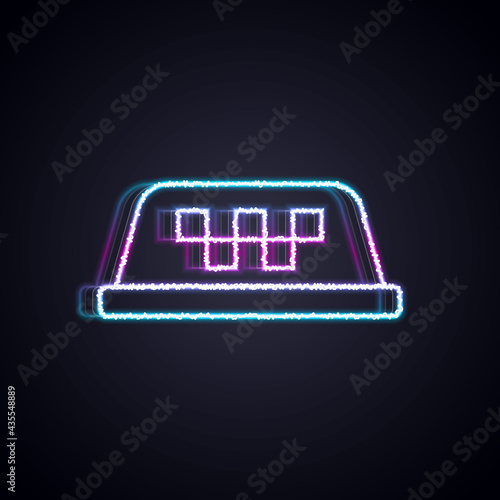 Glowing neon line Taxi car roof icon isolated on black background. Vector