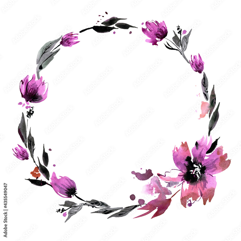 Purple watercolor floral wreath. Cute illustration for design of invitation, greeting card