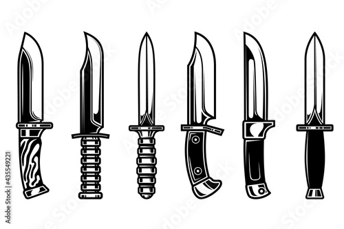 Set of illustrations of combat knives. Design element for logo, label, sign, emblem, banner. Vector illustration