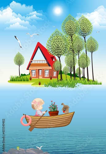 composition with an island with a colorful house and a girl on a boat swimming to it 