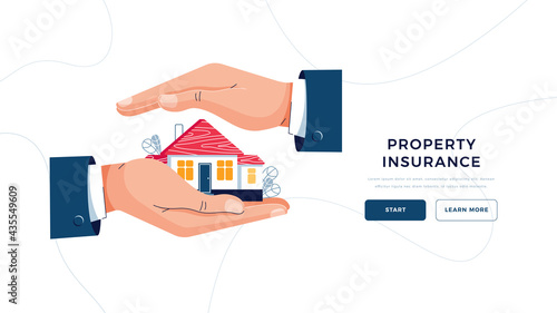 Property insurance template for landing page. Male hands are covering house. Property insurance concept, real estate protection, home safety security vector illustration. Modern flat cartoon design