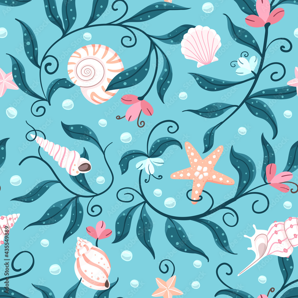 Orange and white starfish, various shaped seashells and sea weed on an aqua blue background. Seamless repeated surface vector pattern design perfect for swimming suites and beach wear.