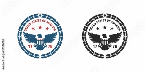 Set of color illustrations eagle, shield, wreath, stars, text on a white background. Vector illustration in vintage style for badge, emblem, label, sticker. Symbols of the USA. Independence Day.