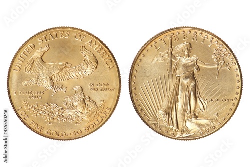 Gold coins of the United States of America isolated on a white background	 photo