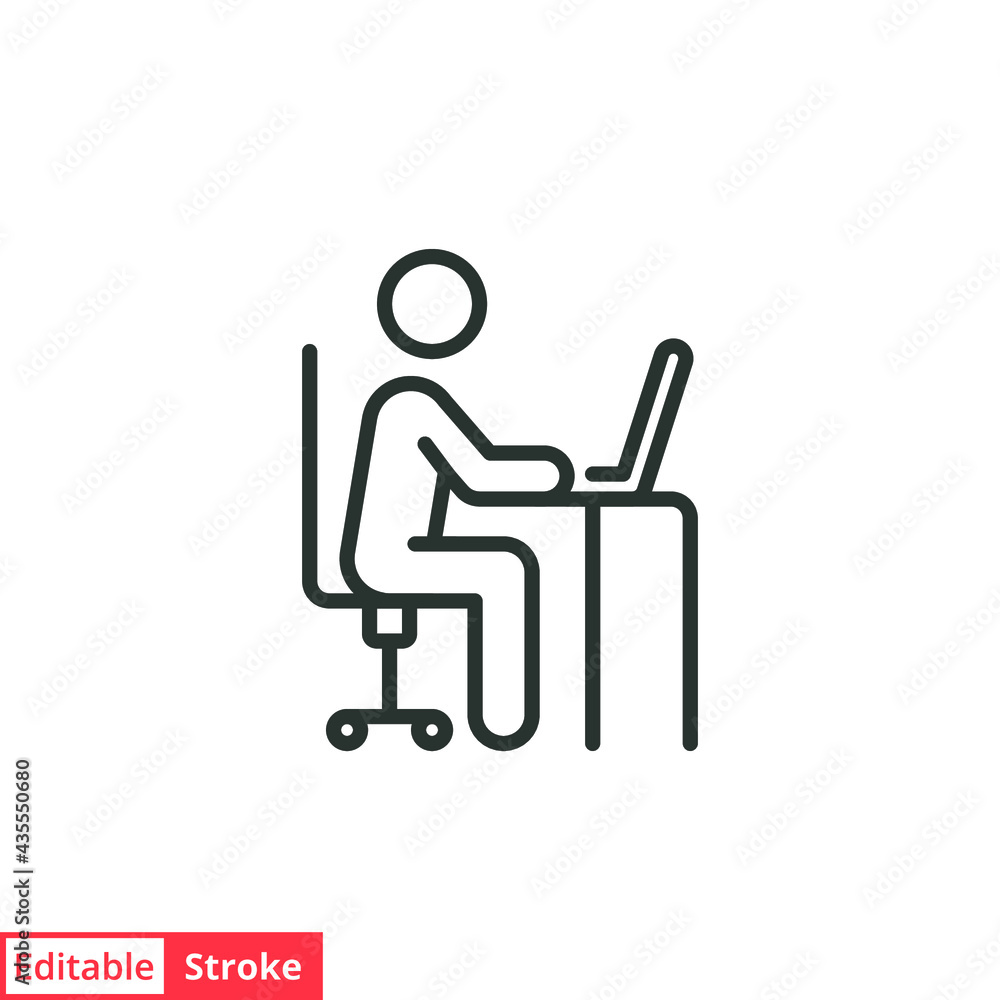 Man behind computer desk line icon. Simple outline style. Person, work, laptop, table, chair, seat, workplace concept. Vector illustration isolated on white background. Editable stroke EPS 10. Man behind computer desk line icon. Simple outline style. Person, work, laptop, table, chair, seat, workplace concept. Vector illustration isolated on white background. Editable stroke EPS 10.