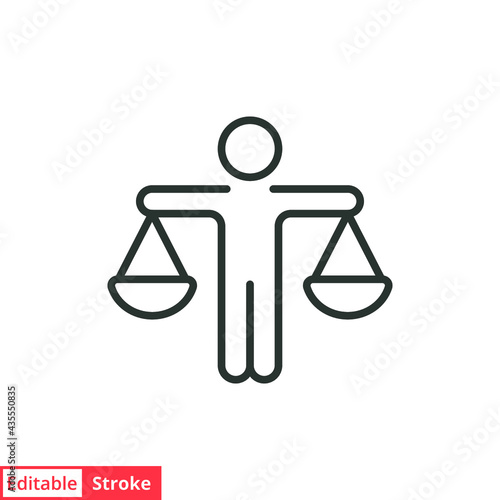 Man with scales icon. Simple outline style. Integrity, lawyer, person, justice, legal, law, judge, balance, equality concept. Vector illustration isolated on white background. Editable stroke EPS 10.