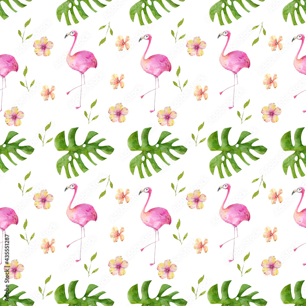 Tropical flamingo flowers and leaves watercolor illustration seamless pattern on white background