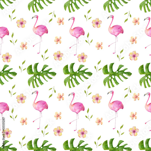 Tropical flamingo flowers and leaves watercolor illustration seamless pattern on white background