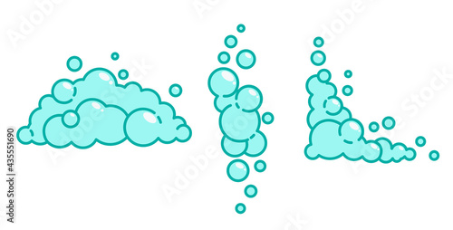 Cartoon soap foam set with bubbles. Light blue suds of bath, shampoo, shaving, mousse. Vector illustration