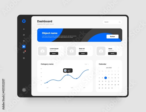 Dashboard design. Desktop app with UI elements. Use for web application or website.