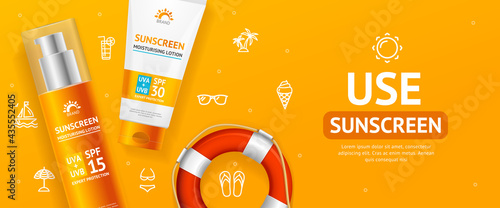 Sunscreen Concept Banner Horizontal with Realistic Detailed 3d Elements. Vector