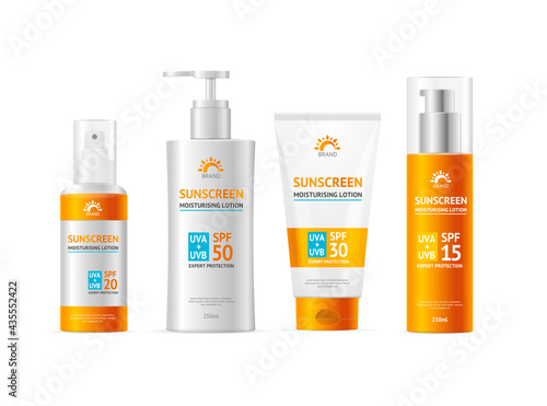 Realistic Detailed 3d Sunscreen Set. Vector