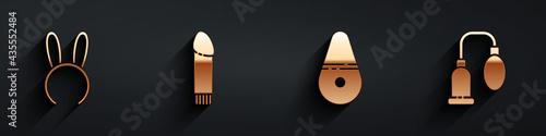 Set Mask with long bunny ears, Dildo vibrator, Dildo vibrator and Penis pump icon with long shadow. Vector