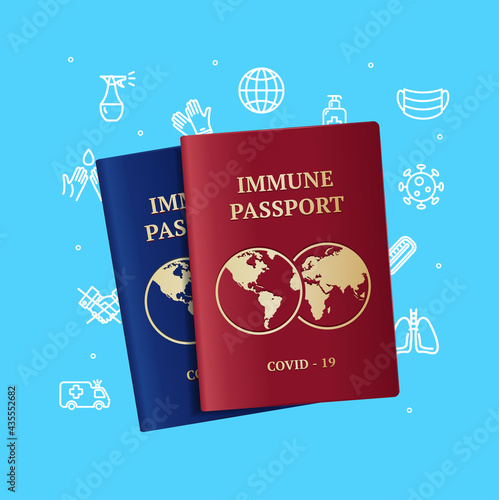 Realistic Detailed 3d Immune Passport and Thin Line Icons. Vector