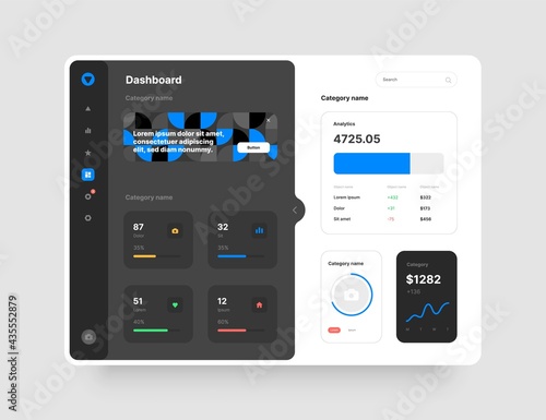 Dashboard design. Desktop app with UI elements. Use for web application or website.