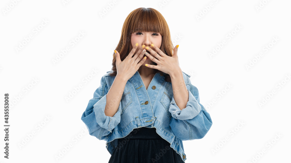 Asian woman is gagged by her hands, she surprised.. - obrazy, fototapety, plakaty 