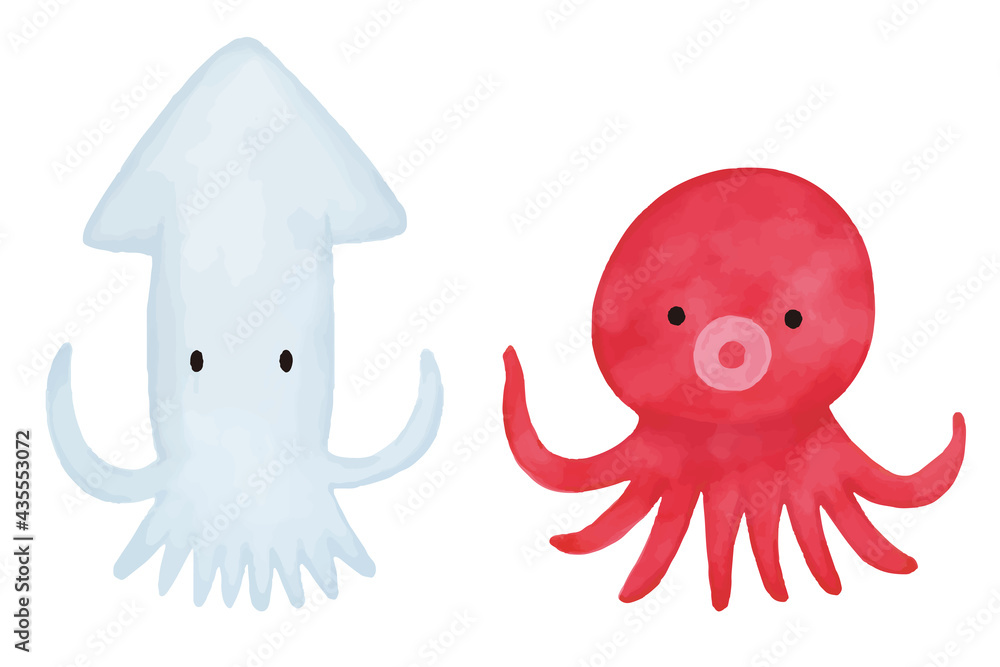 タコとイカの水彩イラスト Stock Vector Adobe Stock