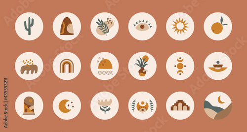 Trendy collection of abstract round highlight covers with colorful various shapes, tropical elements and doodle objects on pastel background. Modern vector design in boho style