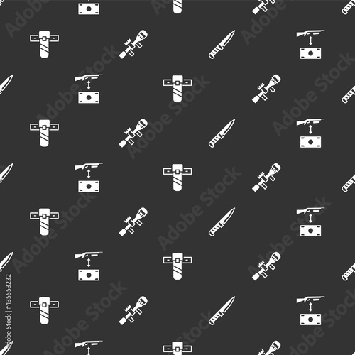 Set Military knife, Buying assault rifle, Knife holster and Sniper optical sight on seamless pattern. Vector